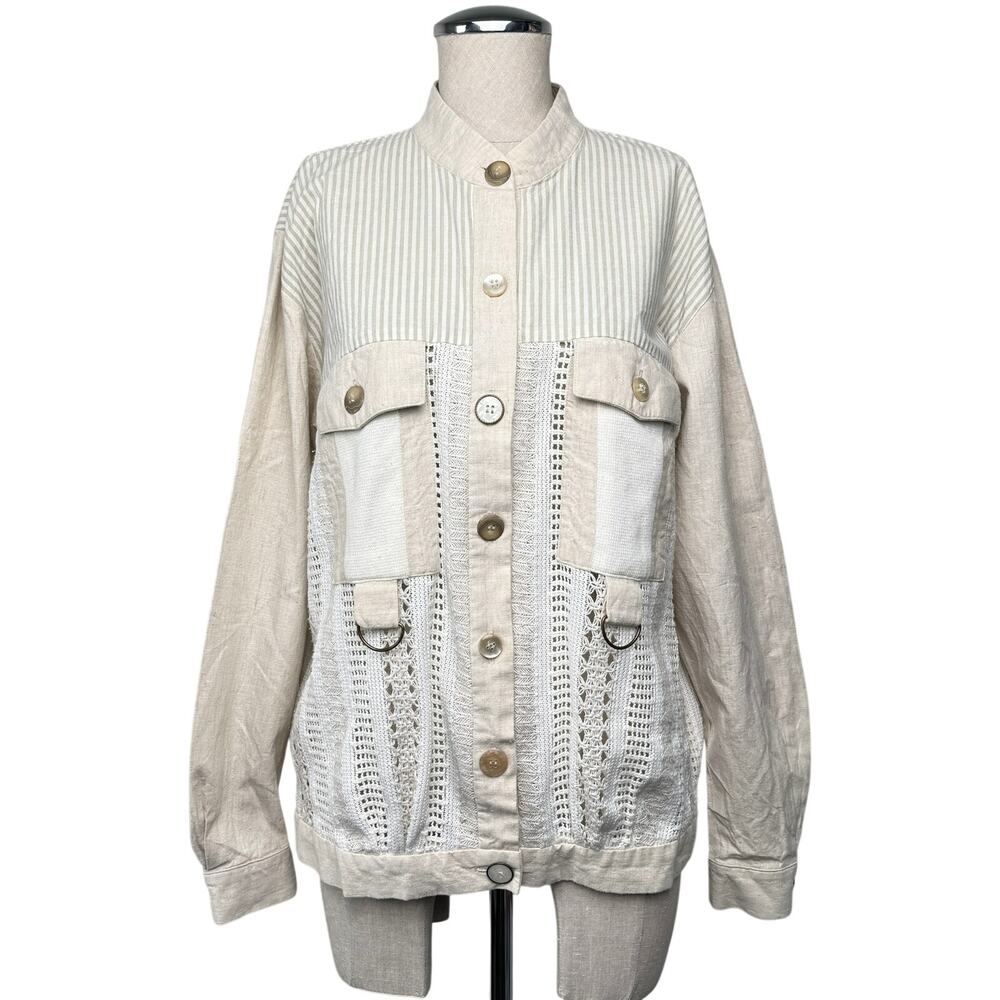 Sunny Sport Linen Blend Crochet Shirt Jacket Vintage Beige Button Front Women